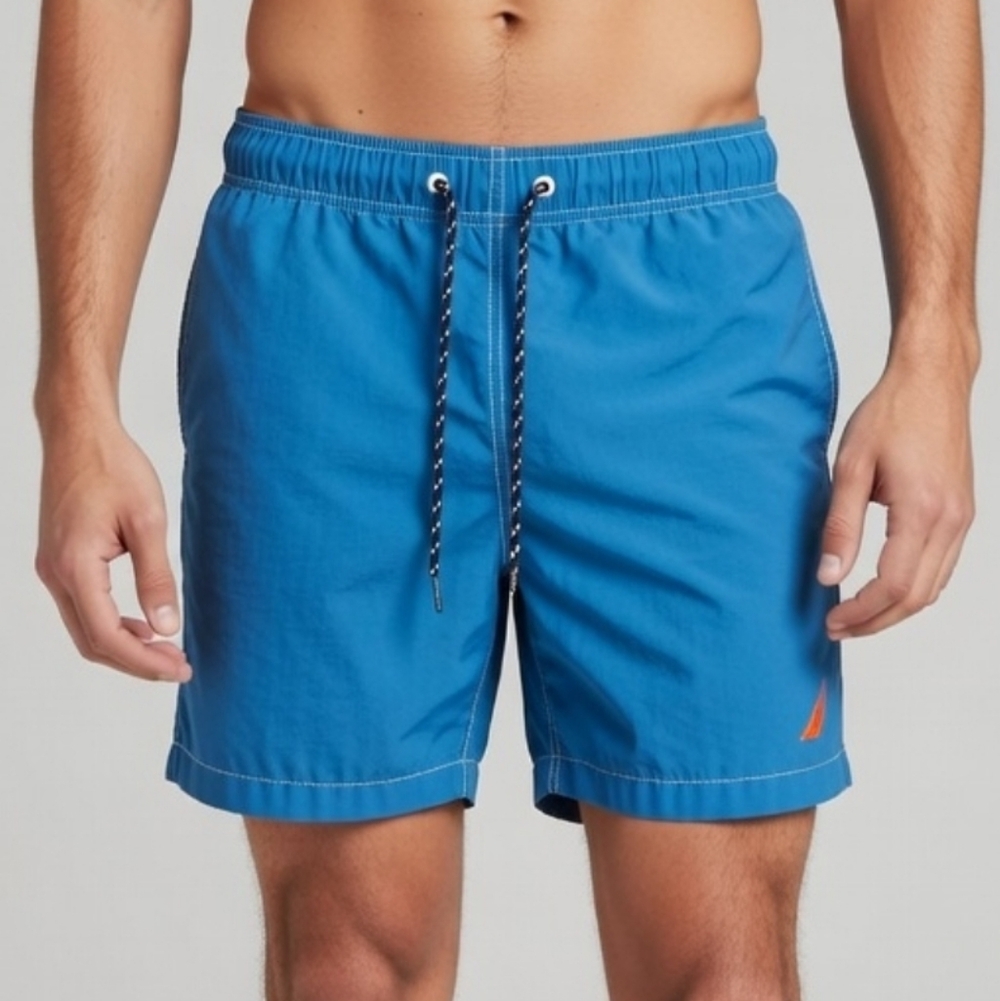 Nautica Mens Quick Dry Swim Trunks Blue Orange Sail Logo Lined Shorts Size Large